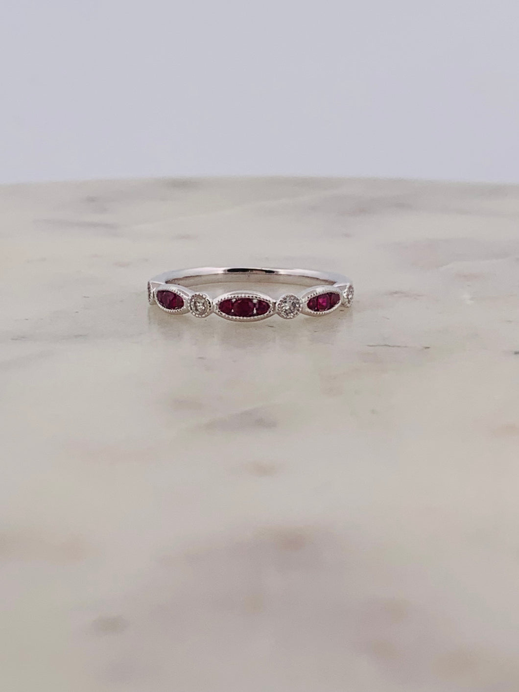 Ruby & Diamond Filigree Half Band -WG