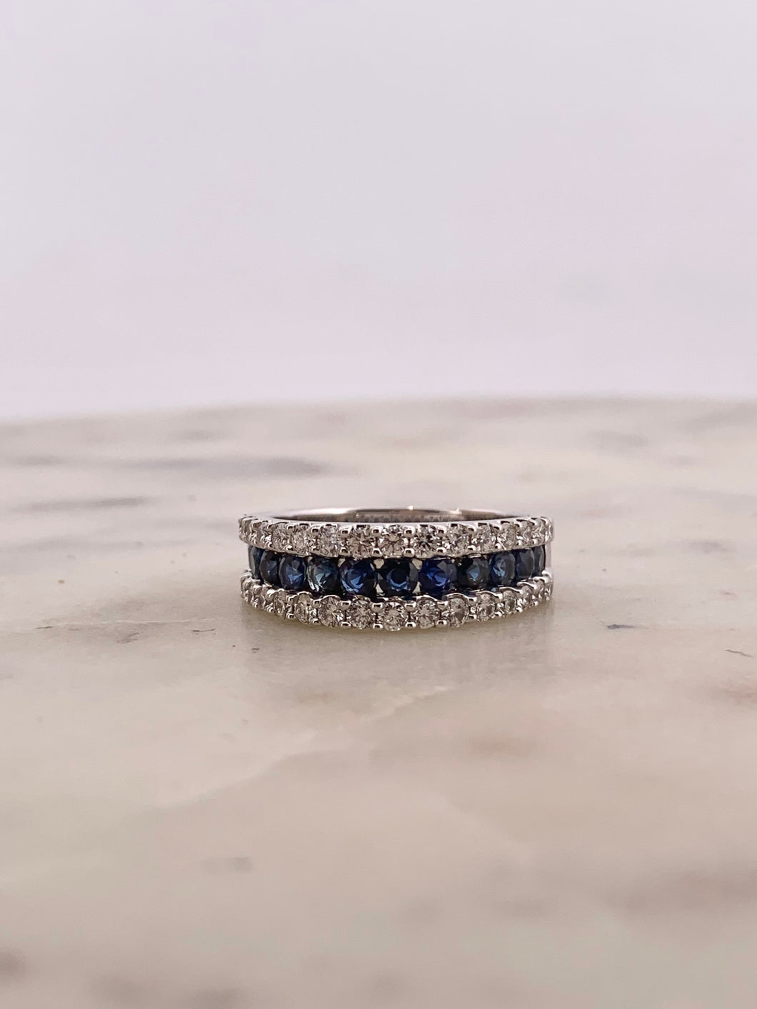 3 Row Diamond & Blue Sapphire Ring